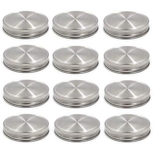 Stainless Steel Mason Jar Lids, Storage Caps with Silicone Seals for Wide Mouth Size Jars, Polished Surface, Reusable and Leak Proof, Pack of 12