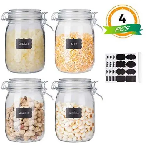 Bouteilles en verre de rangement pour cuisine, boîtes hermétiques 32oz avec couvercle rabattable, parfaites pour la conservation, les céréales, les pâtes, le sucre, les haricots (étiquettes & marqueur à craie) - Jeu de 4