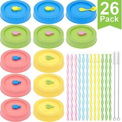 [26 Pack] WIDE Mouth Mason Jar Lids for Ball, Kerr, etc with Straw Hole/Straws/Silicone Stoppers/Rings/Clean Brush, Rust-proof BPA Free Colored Plastic Mason/Canning Jar Drinking Lids/Food Storage Cap