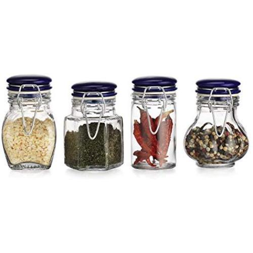 HC Classic Home Quality Airtight Assorted Shape Glass Spice Jar Hermetic Seal Bail & Trigger/Jar with Lid Set of 4 (Blue)