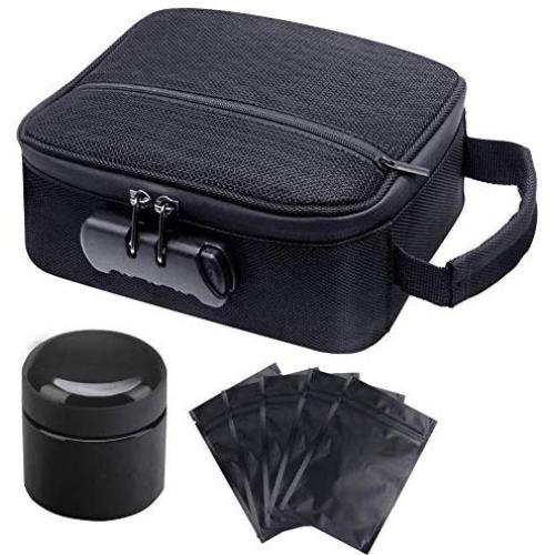 Upgraded Smell Proof Bag Case stash jar Glass , Odor Stash bag Container with Combination Numlock for Herbs, Medicine, Smell Proof Jar and 5 Resealable Bag Free (Black)