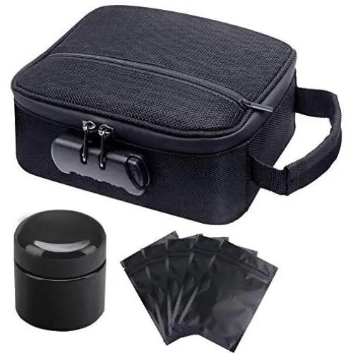 Sac étanche à odeurs amélioré avec étui, bocal de rangement en verre, sac de rangement étanche pour herbes, médicaments, odorisation avec combinaison numérotée pour bocal, 5 sacs refermables gratuits (Noir) Sac étanche à odeurs amélioré avec étui, bocal de rangement en verre, sac de rangement étanche pour herbes, médicaments, odorisation avec combinaison numérotée pour bocal, 5 sacs refermables gratuits (Noir)