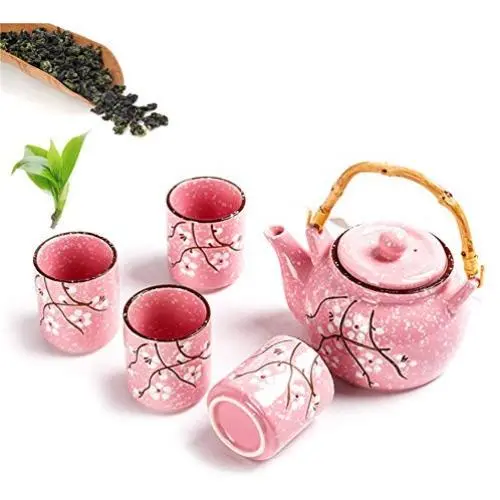 Keramik Teekanne Set 850ml Edelstahl-Filter, 4 Tassen, Wasserbehälter, grüne Jasminblüten, Schwarztee, Kaffee, Milch, für Wohnzimmer, Teeliebhaber, Rosa