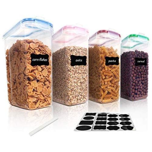 Vtopmart Cereal Storage Container Set, BPA Free Plastic Airtight Food Storage Containers 135.2oz for Cereal, Snacks and Sugar, 4 Piece Set Cereal Dispensers with 24 Chalkboard Labels