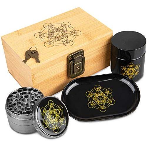 Stash Box Combo - Accessories Kit, Locking Wooden Box with Grinder, Rolling Tray, Smell Proof Glass Jar, Bamboo Box with Lock (Metatrons Cube)