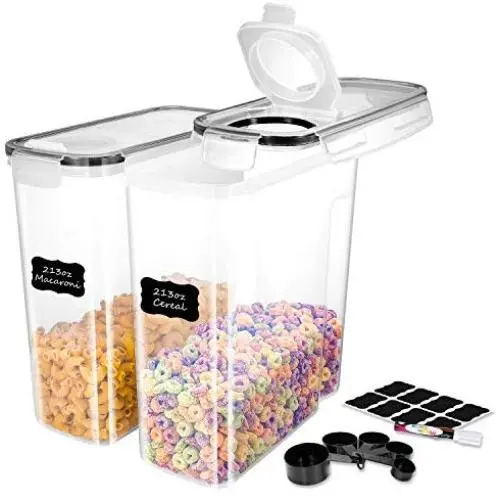Réservoirs de Céréales ME.FAN Extra Large [Set de 2] – Conservation Alimentaire Étanches 6,3L (213oz) – Grande Conservation Alimentaire avec 24 Étiquettes Tableau Blanc et Stylo – BPA Free, Bouchon Démoulage Facile (Noir)