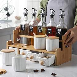 Multi-purpose Ceramic Spice Jar Set, Nordic Kitchen Condiment Jar Set With Seasoning Rack Wood Lids Spoon Household Spice Storage Canister-b