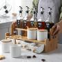 Multi-purpose Ceramic Spice Jar Set, Nordic Kitchen Condiment Jar Set With Seasoning Rack Wood Lids Spoon Household Spice Storage Canister-b