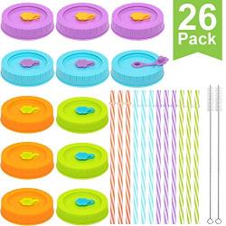 REGULAR Mouth Mason Jar Lids for Ball, Kerr, etc with Straw Hole/Straws/Silicone Stoppers/Rings/Clean Brush, BPA Free Colored Plastic Canning Jar Drinking Lids & Food Storage Caps 26 Pack