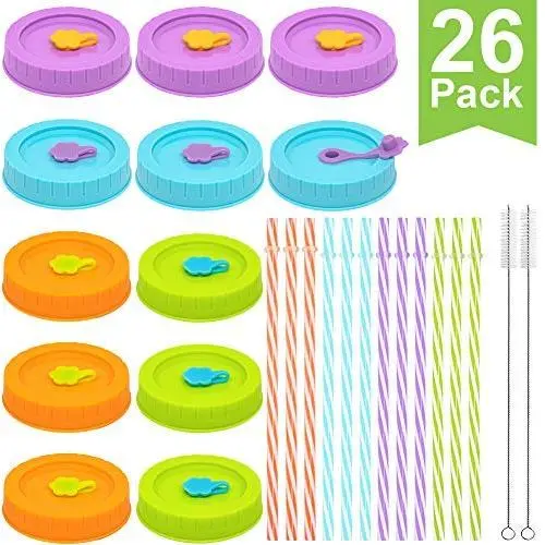 REGULAR Mouth Mason Jar Lids for Ball, Kerr, etc with Straw Hole/Straws/Silicone Stoppers/Rings/Clean Brush, BPA Free Colored Plastic Canning Jar Drinking Lids & Food Storage Caps 26 Pack REGULAR Mouth Mason Jar Lids for Ball, Kerr, etc with Straw Hole/Straws/Silicone Stoppers/Rings/Clean Brush, BPA Free Colored Plastic Canning Jar Drinking Lids & Food Storage Caps 26 Pack