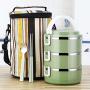 Thermos Food Jar Thermos 304 Stainless Food Flask,Leakproof Insulated Food Containers,Multi-storey,Portable Handle (Color : Green, Size : 2100ML)