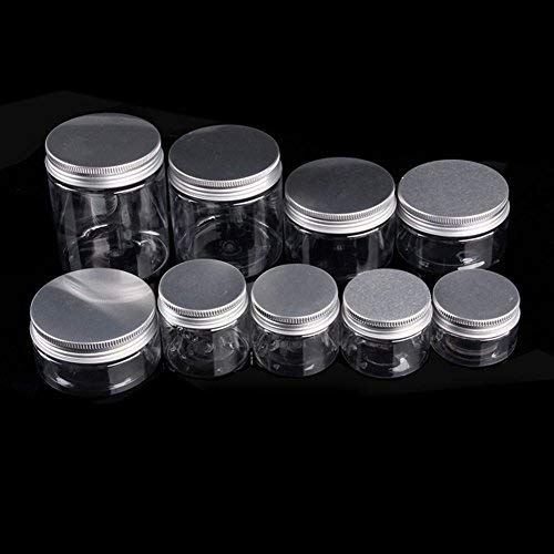 Clear Plastic Jars with Silver Aluminum Lids (5 pack); BPA Free PET Stackable Straight Sided Canisters for Bathroom & Kitchen Storage of Dry Goods, Creams and More