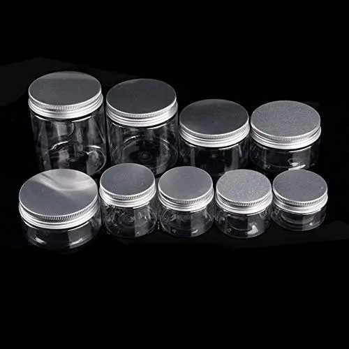 Bouteilles en plastique transparentes avec couvercles en aluminium argenté (pack de 5); Pots empilables droits en PET sans BPA pour le rangement de salle de bain et de cuisine de produits secs, crèmes, etc. Bouteilles en plastique transparentes avec couvercles en aluminium argenté (pack de 5); Pots empilables droits en PET sans BPA pour le rangement de salle de bain et de cuisine de produits secs, crèmes, etc.