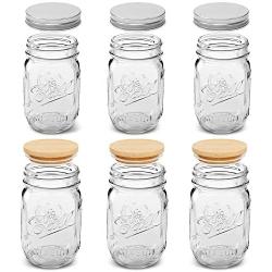 Mason Jar with Lids, 16 OZ Regular Food Storage Jar, Set of 6 Bamboo and Tinplate Mason Jar Lid for Store Tea, Coffee, Spice, Candy