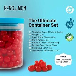 BERG & MON Stackable Glass Storage Containers with Airtight Teal Lids | Set of 4 Canisters for Kitchen Counter or Pantry Organization | Jar Set for Dry Food Ingredients | Bonus Jar Labels and Marker