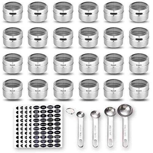 24 Magnetic Spice Tins, 200 Spice Labels, 4 Stainless Steel Measuring Spoons by Hanindy. Magnetic Spice Containers Organizer Storage Condiment Jar Set of 24, Clear Lid, Sift and Pour