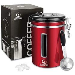 JENNIMER Coffee Container Airtight Stainless Steel Large with Transparent Window Canister Fresher Beans and Grounds for Longer Canister with Date Tracker, CO2-Release Valve and Measuring Scoop (Red)