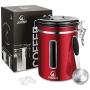 JENNIMER Coffee Container Airtight Stainless Steel Large with Transparent Window Canister Fresher Beans and Grounds for Longer Canister with Date Tracker, CO2-Release Valve and Measuring Scoop (Red)