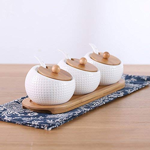 WEIWEI Spice Jars Box,Kitchen Ceramic Condiment Storage Container and Bamboo Pallet Three-Piece Set