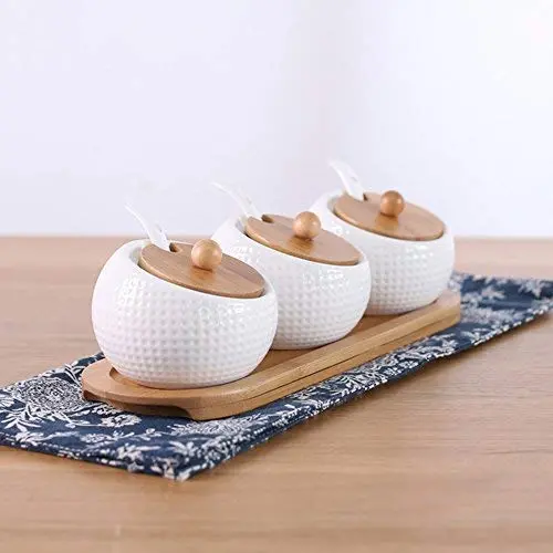 WEIWEI Spice Jars Box,Kitchen Ceramic Condiment Storage Container and Bamboo Pallet Three-Piece Set WEIWEI Spice Jars Box,Kitchen Ceramic Condiment Storage Container and Bamboo Pallet Three-Piece Set