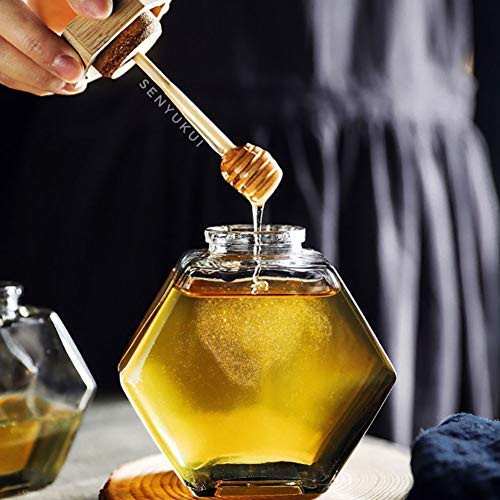 Liitrton Hexagon Shape Honey Pot Jar with Dipper Heat-Resistant Glass Storage Container for Home Kitchen (S)