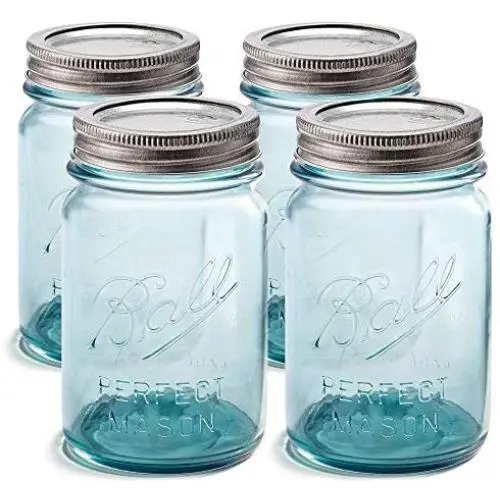 Ball Aqua Canning Jars 16 oz Regular Mouth - Set of 4 Vintage Mason Jars Aqua-colored glass with Airtight lids & Bands - DIY crafts & Decor - Safe For Canning, Pickling, Storage + SEWANTA Jar Opener