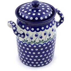 Polish Pottery 9?-inch Jar with Lid and Handles made by Ceramika Artystyczna (Bleeding Heart Peacock Theme) + Certificate of Authenticity
