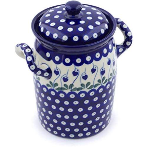 Polish Pottery 9?-inch Jar with Lid and Handles made by Ceramika Artystyczna (Bleeding Heart Peacock Theme) + Certificate of Authenticity
