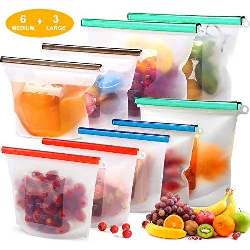 Reusable Silicone Food Storage Bags (Set of 9)-3xLarge 50oz, 6xMedium 30oz, Sungwoo Airtight Seal Food Preservation Bag/Food Grade/Versatile Silicone bags for Sandwich, Liquid, Snack, Meat, Vegetable