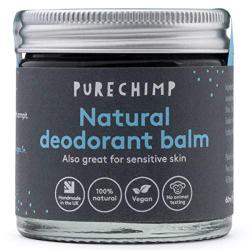 Natural Deodorant Balm 2.1oz (60ml) by PureChimp - Recyclable Glass + Aluminium Lid- Activated Charcoal - Vegan - Alcohol & Palm Oil Free For Sensitive Skin (60ml)