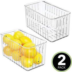 mDesign Plastic Kitchen Refrigerator Produce Storage Organizer Bin with Open Vents for Air Circulation - Food Container for Fruit, Vegetables, Lettuce, Cheese, Fresh Herbs, Snacks - M, 2 Pack - Clear