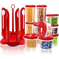 Fun Life 25-Piece Food Storage Container Set with Rotating Rack, Durable Plastic Canister Jar with Red Lids, Perfect for Flour, Sugar, Cereals, BPA Free, Leakproof, Microwave/Freezer/Dishwasher Safe