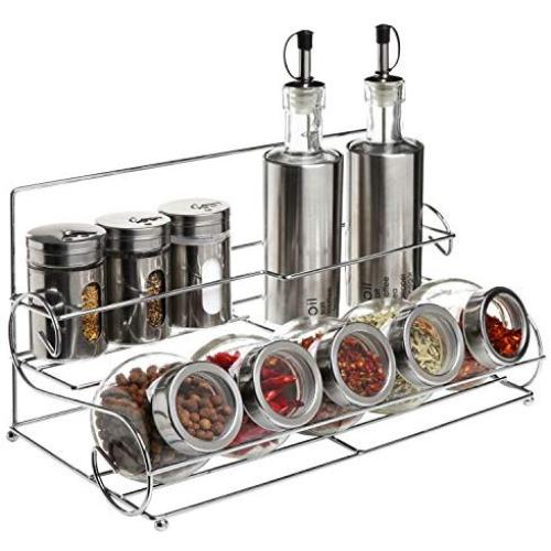 Stainless Steel Condiment Set with 2 Oil Cruets, 3 Spice Shakers, 5 Glass Canister Jars, and Chrome Rack