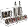 Stainless Steel Condiment Set with 2 Oil Cruets, 3 Spice Shakers, 5 Glass Canister Jars, and Chrome Rack