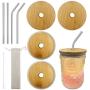 Bamboo Mason Jar Lids Wide Mouth Straw Hole, Natural Mason Jar Lids with 4 Reusable Stainless Steel Straws (Wide mouth)