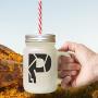 Green&quotP" Robot Initial Monogram Letter P Frosted Glass Mason Jar With Straw