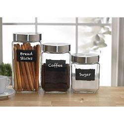 Palais Glassware Canister, Clear Glass with Chalkboard and Chalk, Air Tight Steel Lids for Bathroom or Kitchen, Set of 3