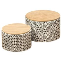 Gastro Chic Ikat Connected Stars Kitchen Jars, Set of 2, For Cookies, Dry Goods, Canisters, White Glazed Ceramic, Wooden Tops, Rustic Golden Bronze and White, 6 1/4 and 5 Inches Diameter