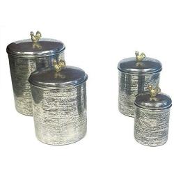 ZUCCOR ZCANSR Set of 4 Hand-Textured Stainless Steel Canisters W/Brass Rooster Ornament, 10" x 7", 9" x 6", 8" x 5", 5.5" x 3.5"