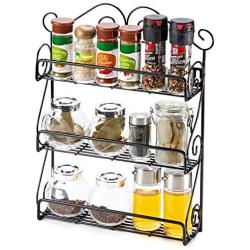 EZOWare 3-Tier Spice Rack Spice Jars Bottle Holder Storage Organizer Shelf for Kitchen Scroll Wall Mounted, Pantry, Cabinet, Counter top Free Standing Rack- Black