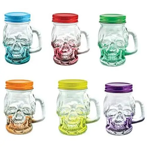 Ensemble de 12 verres à shot en bocaux en verre Mason avec couvercle et anse - Verres à shot à décor de crânes en sucre - Accessoires de fête originaux. Ensemble de 12 verres à shot en bocaux en verre Mason avec couvercle et anse - Verres à shot à décor de crânes en sucre - Accessoires de fête originaux.
