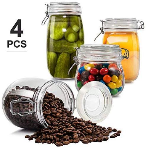 Glass Jar Set 4 Piece Wide Mouth Kitchen Preserving Storage Jars with Airtight Lids for Cereal Cookies Sugar & Coffee (16.9oz 25.7oz 33.8oz 50.7oz) Masthome