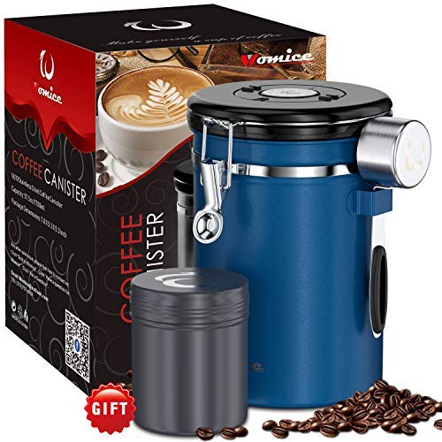 22oz Coffee Bean Container with Scoop, Coffee Bag and Travel Jar - Stainless Steel Airtight Storage Canister with Co2 Gas Release and Calendar Wheel - Blue