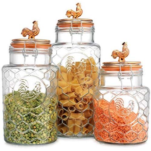 Palais Rooster Clear Glass Canister with Bail & Trigger Locking Lids (Set of 3-7"- 9"-11" High Copper Top)