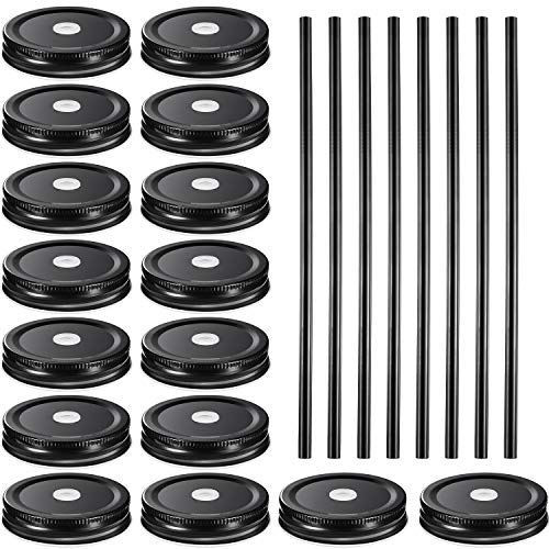 16 Pack Regular Mouth Lids with 8 Packs 18/8 Stainless Steel Straws Leak Proof Secure Glass Jar Lids Storage Solid Caps (Black)