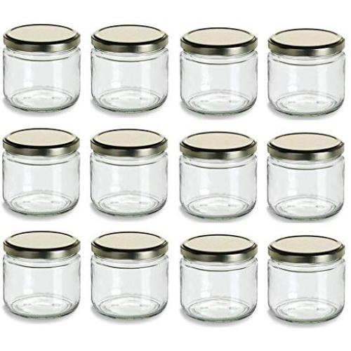 Nakpunar 12 oz Glass Salsa Jars with Gold Lid - Set of 12 - Made in USA