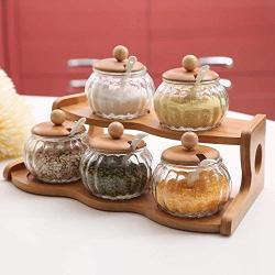 Kitchen seasoning box/Glass Condiment Storage Container with Tray Rack Salt jar Five-Piece Set