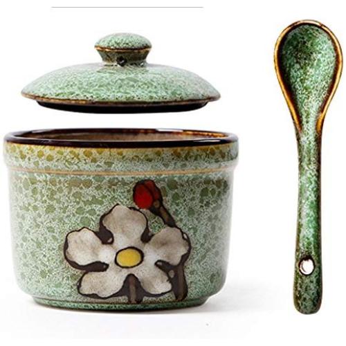 123Arts Ceramics Retro Flower Sugar Salt Pepper Storage Jar Seasoning Pot with Lid And Spoon