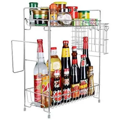 Étagères de rangement pour cuisine, salle de bain, récipients pour épices, 2 niveaux, organisateur de bouteilles, gain de place, grande capacité, métal maille inoxydable. Étagères de rangement pour cuisine, salle de bain, récipients pour épices, 2 niveaux, organisateur de bouteilles, gain de place, grande capacité, métal maille inoxydable.