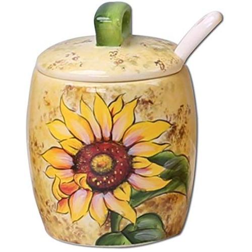 Ceramics Sunflower Hand Painted Painting Sugar Salt Pepper Storage Jar with Lid And Spoon